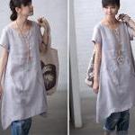 Solid color ramie Short-sle..