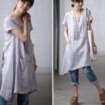 Solid color ramie Short-sle..