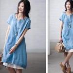 Solid color ramie Short-sle..