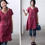 Solid color ramie Short-sle..