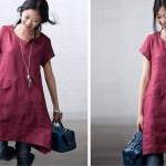 Solid color ramie Short-sle..