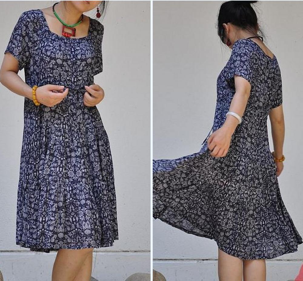 Cotton pumping with waist broken pleated short sleeve swing dress 