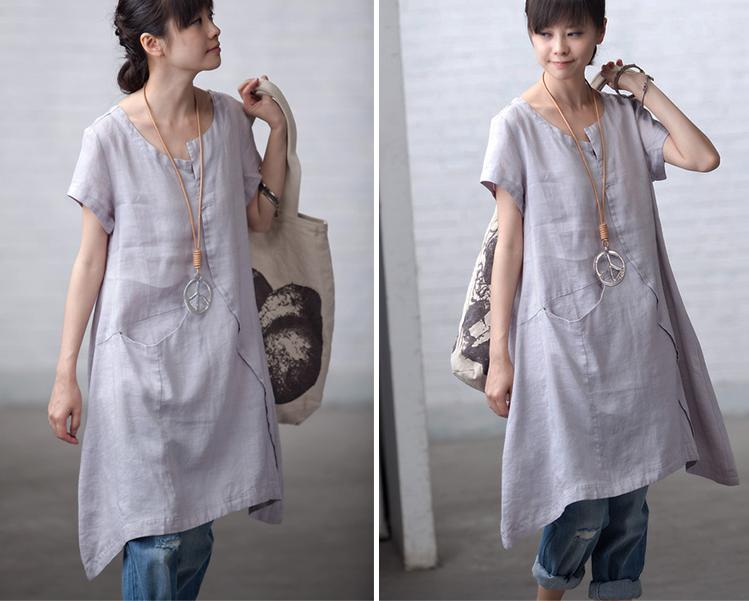 Solid color ramie Short-sleeved shirt