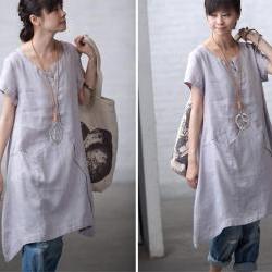 Solid color ramie Short-sleeved shirt